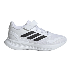 Adidas Kids' Runfalcon 5 Shoes are white sneakers featuring three black stripes, a hook-and-loop strap, mesh material for breathability, and a Cloudfoam sole for comfort.