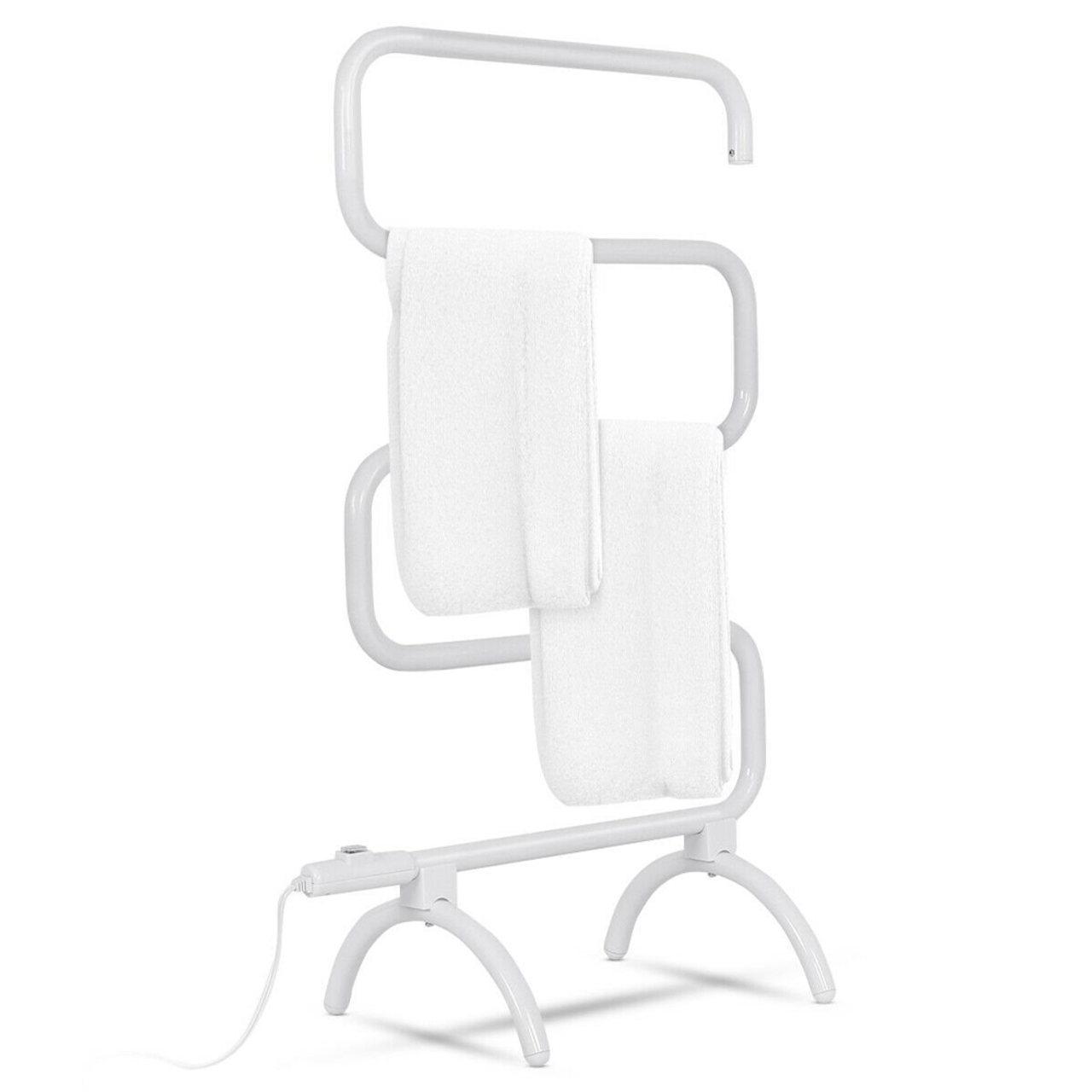 White electric towel warmer with three bars and a plug-in cord, holding two white towels.