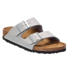 A pair of silver glittery sandals with two adjustable straps and a cork footbed, featuring a rubber outsole for comfort and durability.