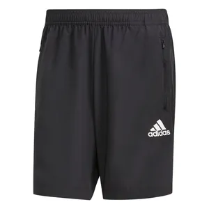 Black Adidas shorts with an elastic waistband and zippered pockets, featuring the Adidas logo on the left leg.