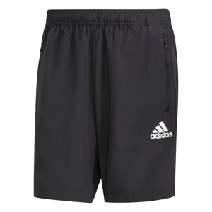 Black Adidas shorts with an elastic waistband and zippered pockets, featuring the Adidas logo on the left leg.