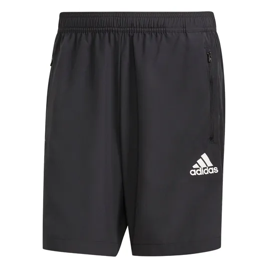 Black Adidas shorts with an elastic waistband and zippered pockets, featuring the Adidas logo on the left leg.