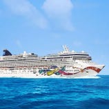 A large cruise ship with colorful designs on its hull, sailing on a bright blue ocean. The ship is named \“Norwegian Jewel.\“