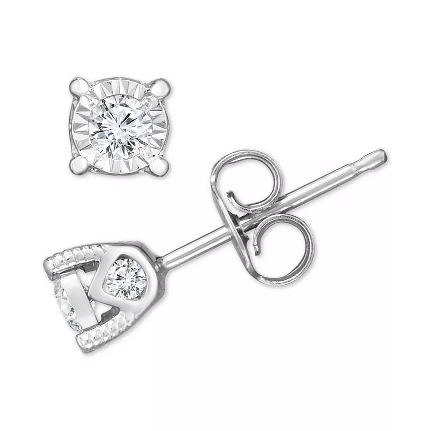 Silver stud earrings with a round diamond in a four-prong setting and one diamond in a heart-shaped outline.
