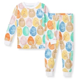Burt's Bees Baby Easter Friends Pajamas feature a colorful pattern with eggs and playful animal faces, including bunnies and chicks, on a long-sleeve top and matching pants. The set includes white cuffs on the sleeves and pants for a cozy fit.