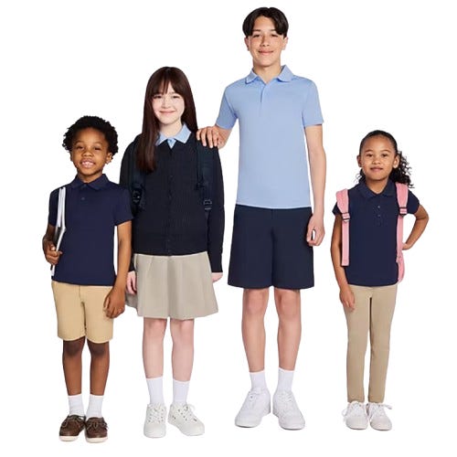 Four children wearing different school uniforms, featuring polo shirts, cardigans, khaki shorts, skirts, and pants, alongside backpacks.