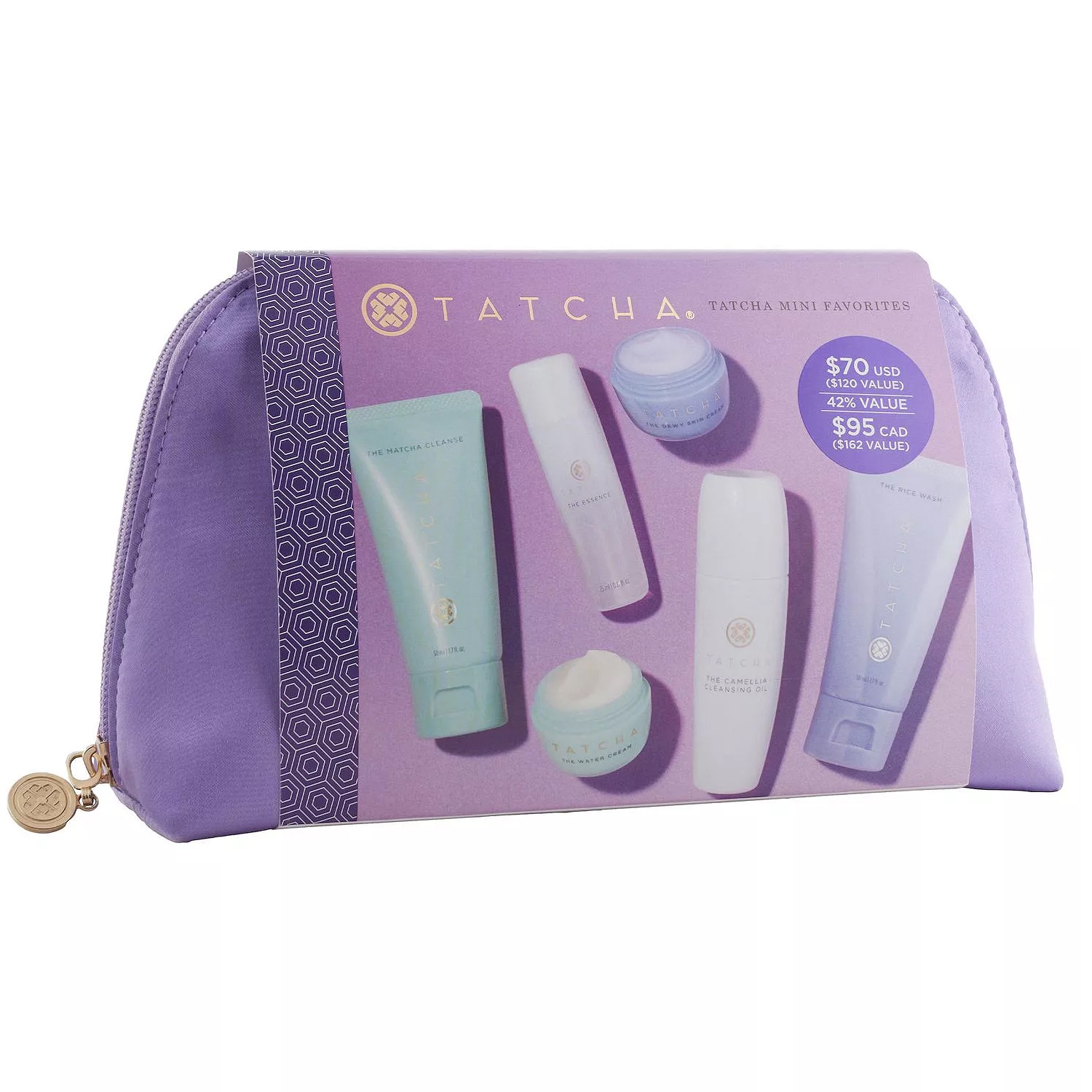 Tatcha Mini Favorites Set includes The Deep Cleanse, The Rice Wash, The Water Cream, The Essence, and Camellia Cleansing Oil, all in travel-sized containers, packaged in a purple zipper pouch.