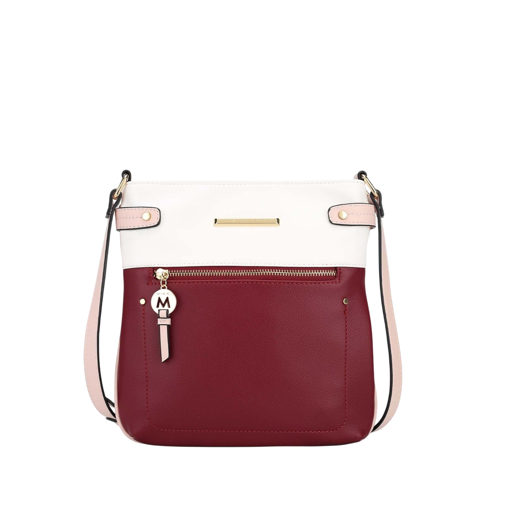 A two-tone crossbody bag with a burgundy lower section and white upper section, featuring a front zipper pocket, decorative charm, and adjustable pink strap.