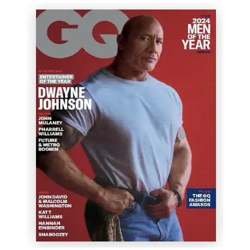 GQ Magazine's 2024 Men of the Year issue features Dwayne Johnson as Entertainer of the Year, with additional highlights on John Mulaney, Pharrell Williams, Future & Metro Boomin. The cover promotes the GQ Fashion Awards.