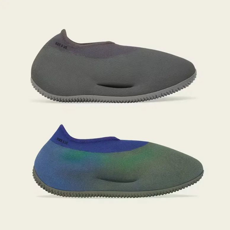 Two pairs of slip-on sneakers, one in solid dark grey and the other in a gradient of blue and green.