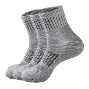 Three pairs of gray ankle socks with ribbed cuffs and arch support for added comfort.