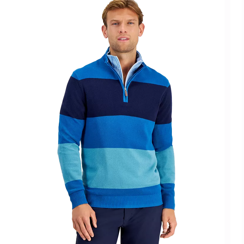 A men's quarter-zip sweater with bold horizontal stripes in varying shades of blue, featuring a ribbed hem and cuffs for a snug fit.