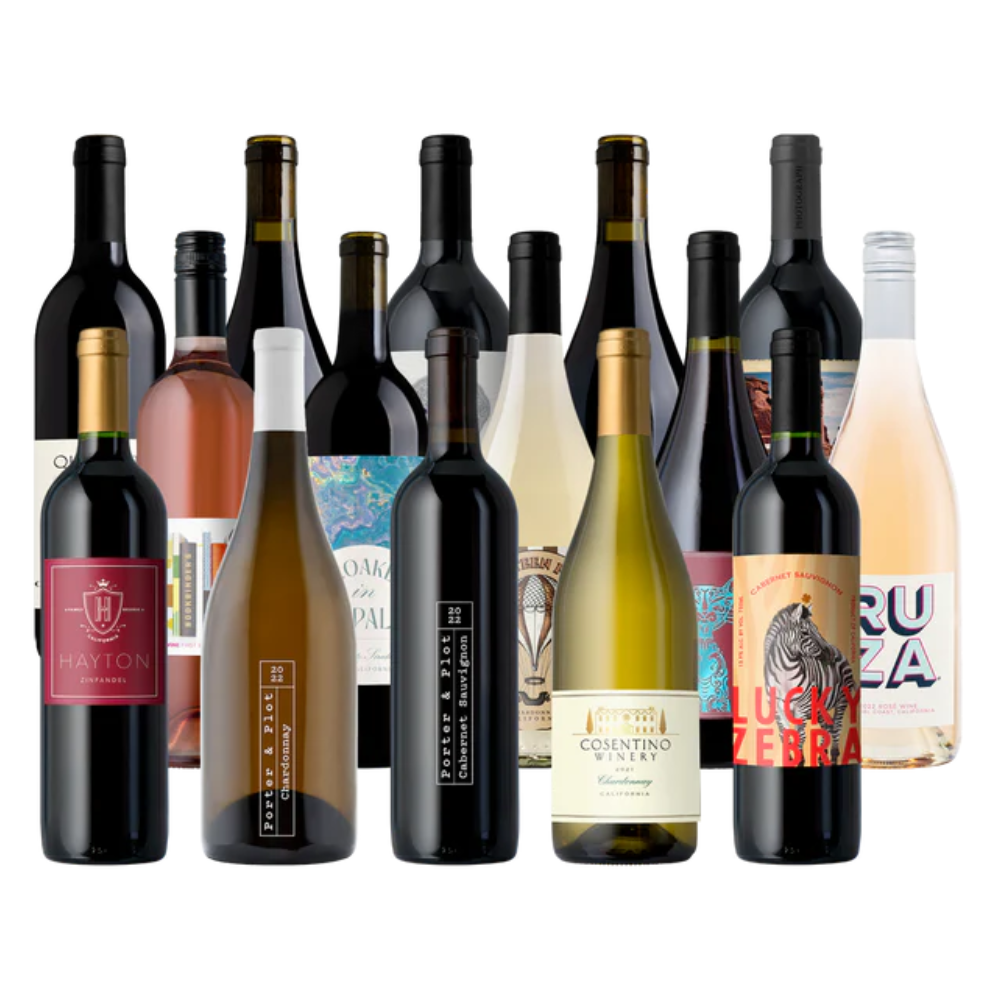 A collection of various wine bottles, including red, white, and rosé varieties from different wineries, with diverse labels and designs.