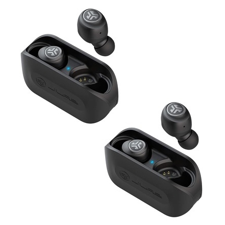 Two sets of black wireless earbuds with charging cases, displaying a logo on the earpieces.