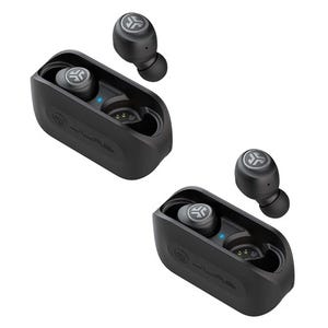 Two sets of black wireless earbuds with charging cases, displaying a logo on the earpieces.