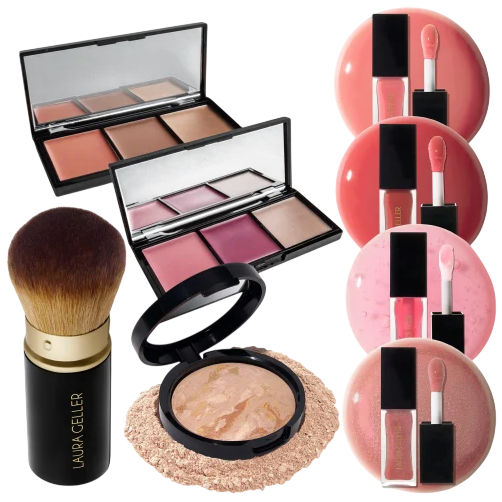 Includes makeup palettes with blush and eyeshadow, three lip glosses in shades of pink, a kabuki brush, and a compact with marbled powder.