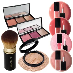 Includes makeup palettes with blush and eyeshadow, three lip glosses in shades of pink, a kabuki brush, and a compact with marbled powder.