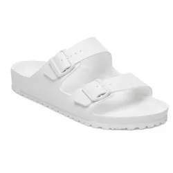 A white slide sandal with two adjustable straps and buckles, featuring a textured sole for grip.