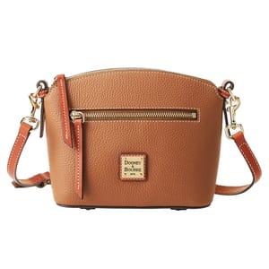 A brown leather crossbody bag with gold-tone hardware features a front zipper pocket and adjustable strap. The brand Dooney & Bourke is displayed on a metal logo plate.