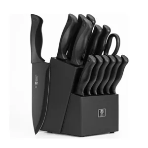 A black knife block set containing multiple kitchen knives with black handles, featuring various blade types and sizes, along with a pair of kitchen shears.
