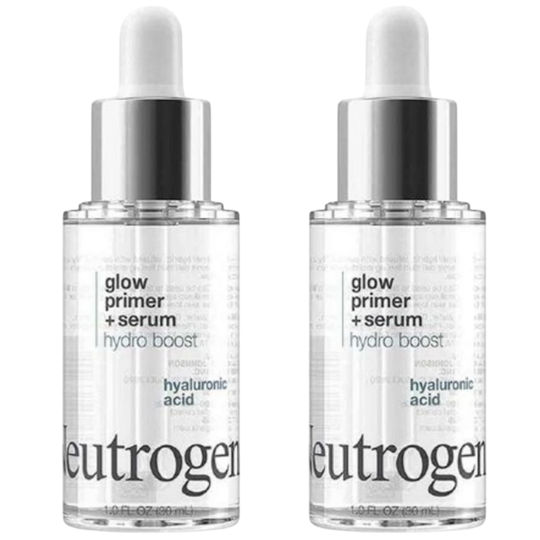Neutrogena Glow Primer + Serum Hydro Boost with hyaluronic acid, 1.0 FL OZ (30 mL), is designed to hydrate and prime the skin.