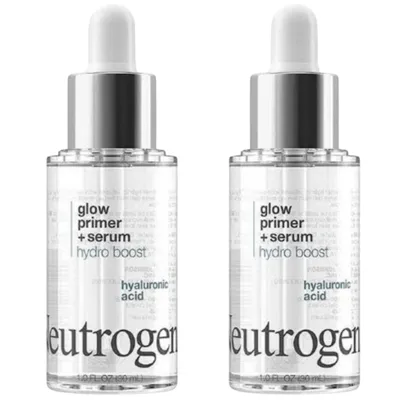 Neutrogena Glow Primer + Serum Hydro Boost with hyaluronic acid, 1.0 FL OZ (30 mL), is designed to hydrate and prime the skin.