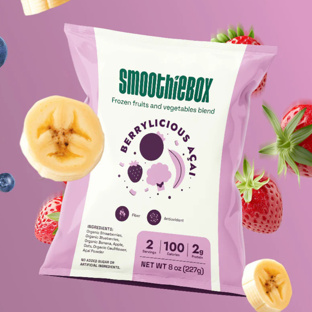 SmoothieBox Berrylicious Açai is a frozen fruit and vegetable blend featuring organic strawberries, blueberries, bananas, apples, oats, cauliflower, and açai powder. Contains 2 servings, 100 calories, and 2g of protein per 8 oz (227g) package.