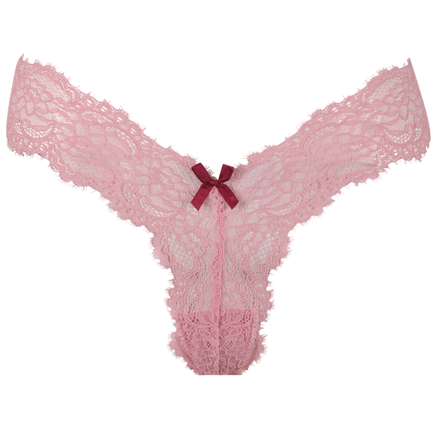 Pink lace thong with a burgundy bow accent.