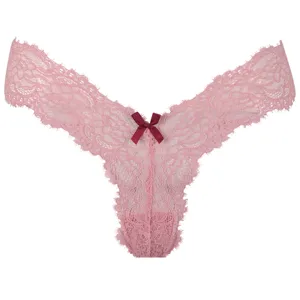 Pink lace thong with a burgundy bow accent.