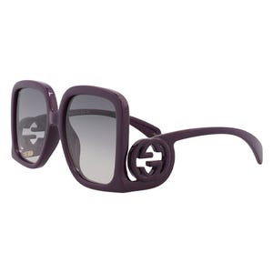 Purple Gucci GG1326S sunglasses with square frames and gradient lenses; feature a distinct logo detail on the temples.