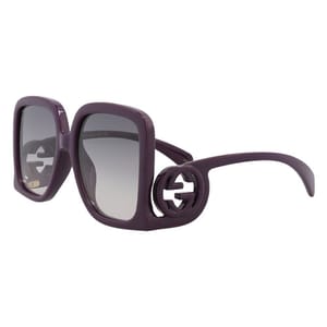 Purple Gucci GG1326S sunglasses with square frames and gradient lenses; feature a distinct logo detail on the temples.