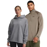 A woman in a gray Under Armour hoodie and a man in a taupe quarter-zip Under Armour top are standing next to each other.