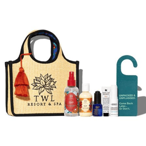 A resort and spa kit includes a mini woven tote, body lotion, facial spray, lip balm, facial cream, and a door hanger with the text \“Unpacked & Unplugged. Come Back Later. Or Don't.\“