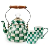 A teapot and two mugs with a green and white checkered pattern, featuring a curved spout, crystal knob, and wooden handle.