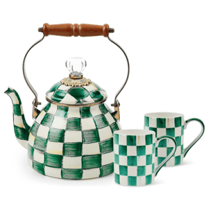 A teapot and two mugs with a green and white checkered pattern, featuring a curved spout, crystal knob, and wooden handle.