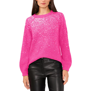 A vibrant pink sweater enhanced with scattered sequins throughout, featuring long sleeves and a crew neckline, paired with black leather pants.