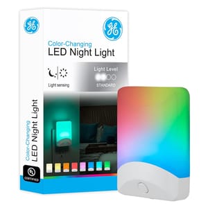 GE Color-Changing LED Night Light with light sensing technology, features adjustable light levels, and offers a range of colors.