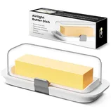 Airtight butter dish with a clear lid and a secure gray clip, shown with packaging. Designed to keep butter fresh, features easy-knuckle access, non-slip base, and is dishwasher safe.