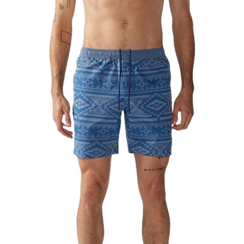 Blue swim trunks with a geometric pattern, featuring an elastic waistband and drawstring.