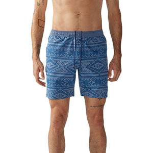 Blue swim trunks with a geometric pattern, featuring an elastic waistband and drawstring.