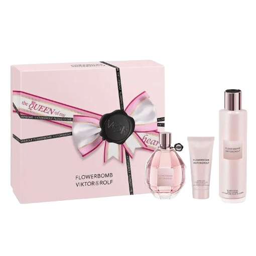3pc Flowerbomb Perfume Gift Set by Viktor & Rolf includes a bottle of Flowerbomb Eau de Parfum, a perfumed body lotion, and a shower gel, all in a pink-themed box with a decorative bow and black seal.