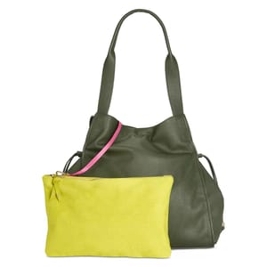 A green large tote bag with dual handles made from textured material features a detachable yellow pouch with a gold zipper and a thin, contrasting pink strap.