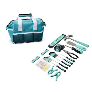 A set of teal and black gardening tools, including trowels, pruners, and a measuring tape, displayed with a matching carry bag.