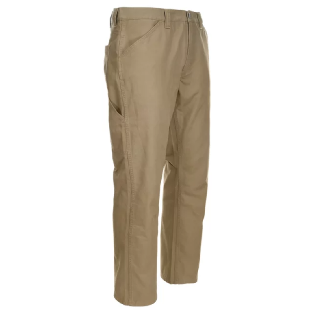 Khaki utility pants designed for durability and practicality, featuring multiple pockets, a relaxed fit, belt loops, and sturdy stitching suitable for work or casual wear.