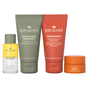 Origins skincare set includes Checks and Balances frothy face wash, Youthtopia peptide plumping apple cream, Checks and Balances milky oil cleanser, and GinZing brightening eye cream.