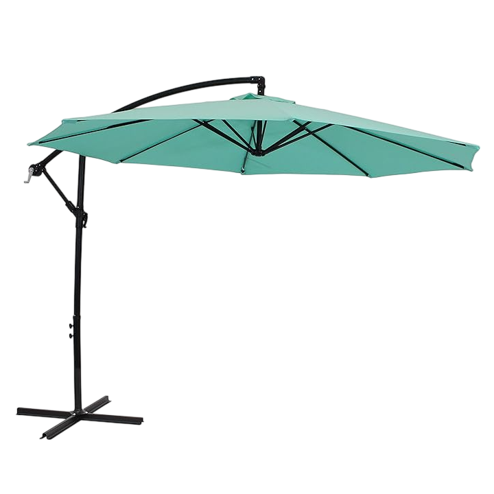 A teal cantilever patio umbrella with a curved black stand and crank handle.
