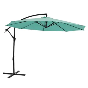 A teal cantilever patio umbrella with a curved black stand and crank handle.