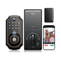 Smart lock system with keypad, keyless entry, and smartphone connectivity, featuring remote control capabilities and a sleek design.