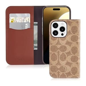 A phone case with a wallet feature, showing card slots and a cash pocket, is displayed. The case has a beige pattern exterior with brown interior accents.