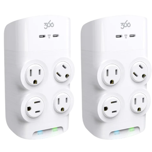 Two white wall-mounted power outlets each featuring three standard sockets and two USB-C ports, designed to expand electrical outlet capacity.